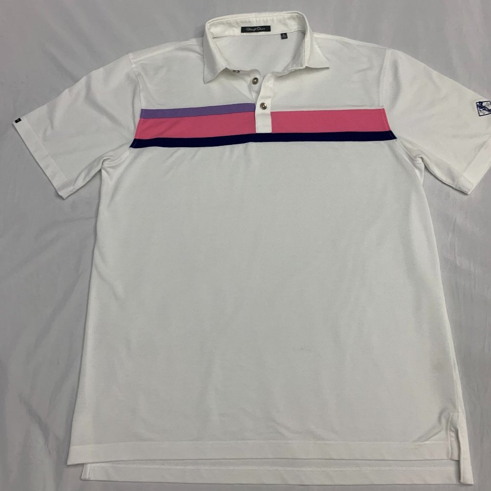 Straight Down Performance‎ Polo Pink Purple Navy Striped Short Sleeve Golf Shirt